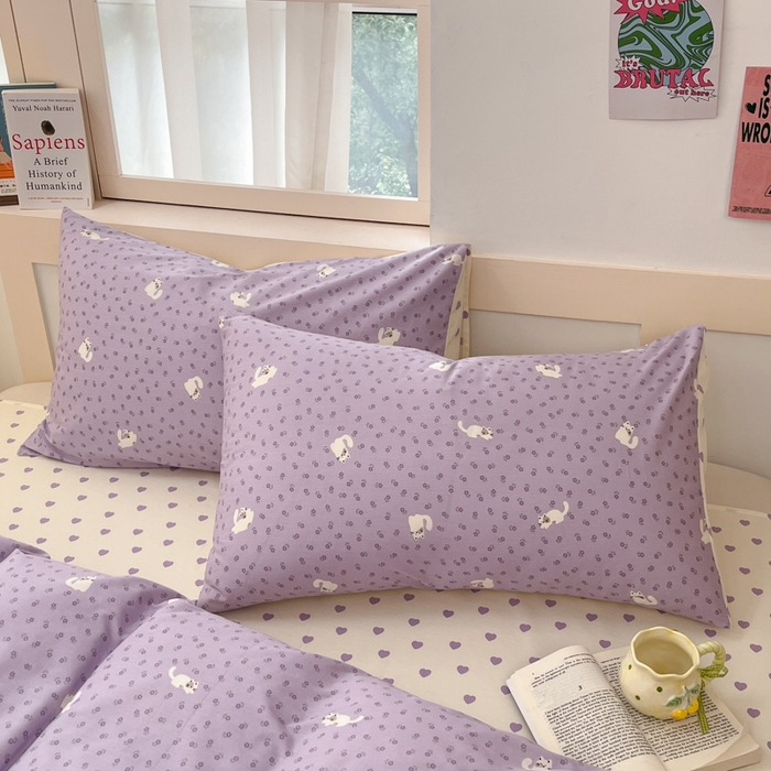 91家纺网 家纺一手货源 找家纺 2025新款全棉卡通小清新系列四件套 紫花猫