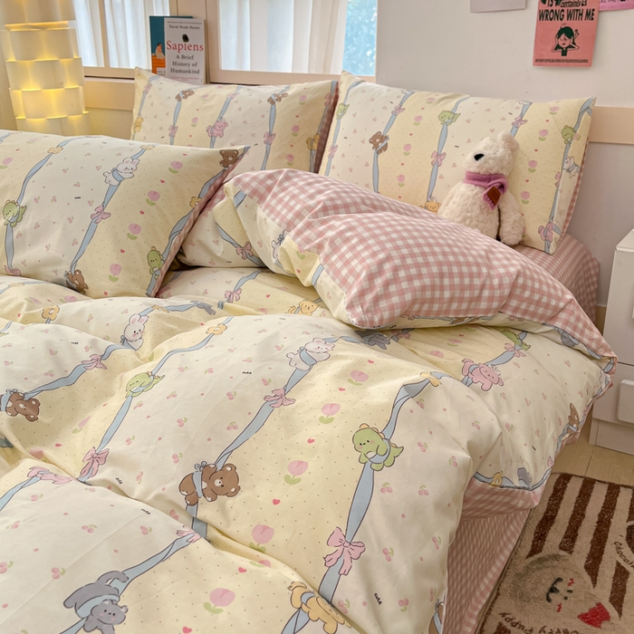 91家纺网 家纺一手货源 找家纺 2025新款全棉卡通小清新系列四件套 秋叶熊