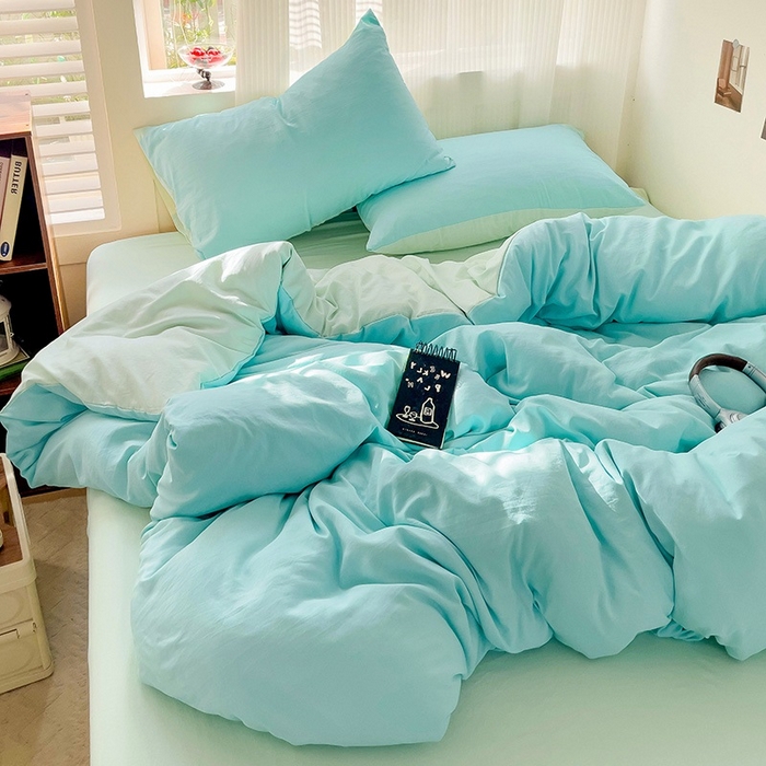 91家纺网 家纺一手货源 找家纺 森璐 2025新款水洗棉双拼四件套宿舍三件套床单被套枕套双拼-湖水绿