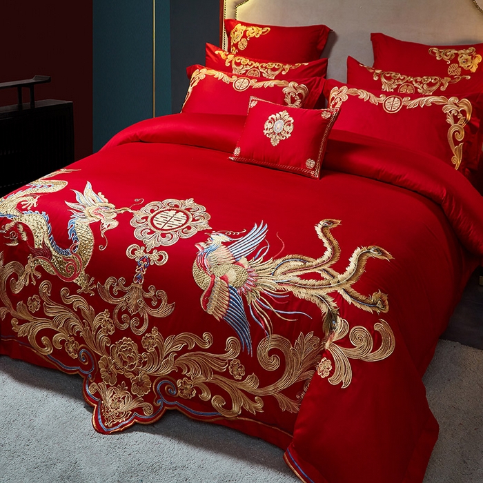 91家纺网 家纺一手货源 找家纺 东方合美（原：皇家传奇） 2023新款40s全工艺喷气刺绣纯棉婚庆多件套-系列三 福喜龙凤