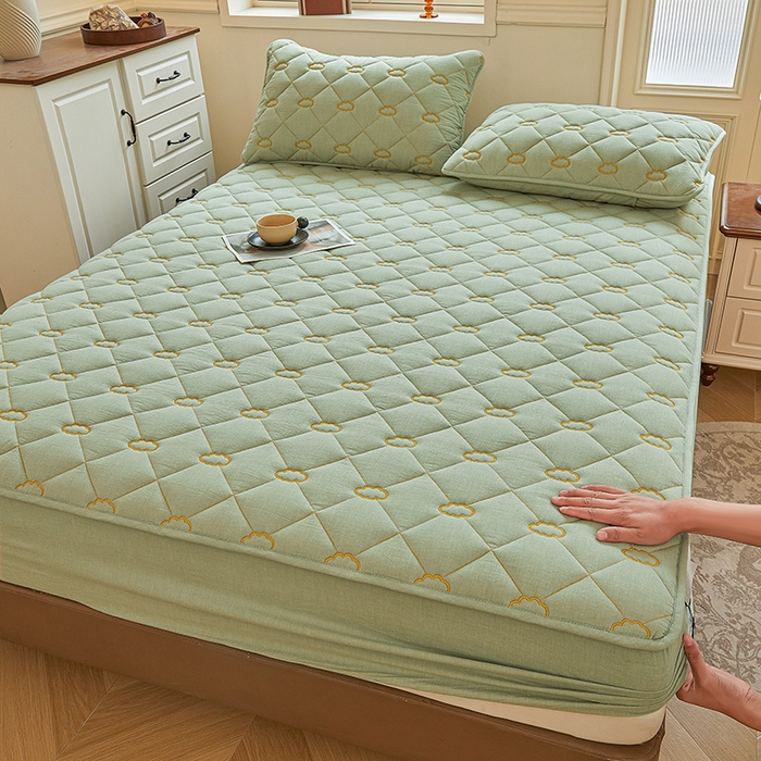 91家纺网 家纺一手货源 找家纺 3C 2024新款云朵全棉水洗棉床笠 云朵 抹茶绿