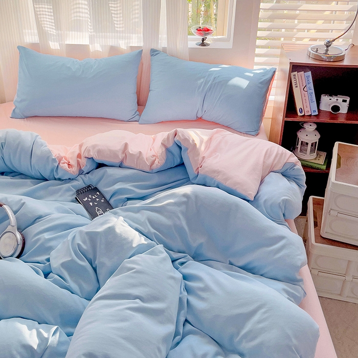 91家纺网 家纺一手货源 找家纺 森璐 2025新款水洗棉双拼四件套宿舍三件套床单被套枕套双拼-天蓝粉
