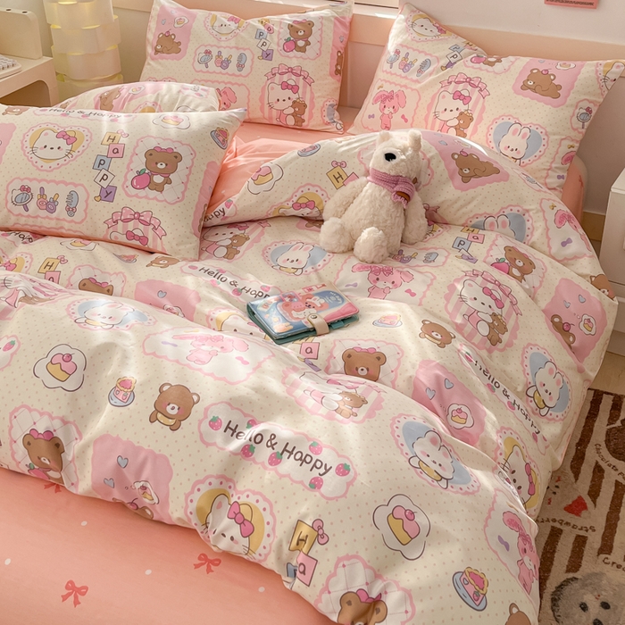 91家纺网 家纺一手货源 找家纺 2025新款全棉卡通小清新系列四件套 粉粉猫