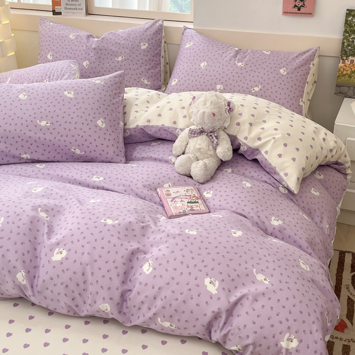 91家纺网 家纺一手货源 找家纺 2025新款全棉卡通小清新系列四件套 紫花猫