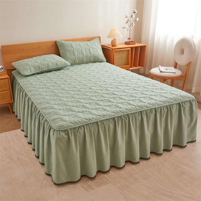 91家纺网 家纺一手货源 找家纺 3C 2024新款全棉水洗棉夹棉床裙-四叶草系列 四叶草-抹茶绿