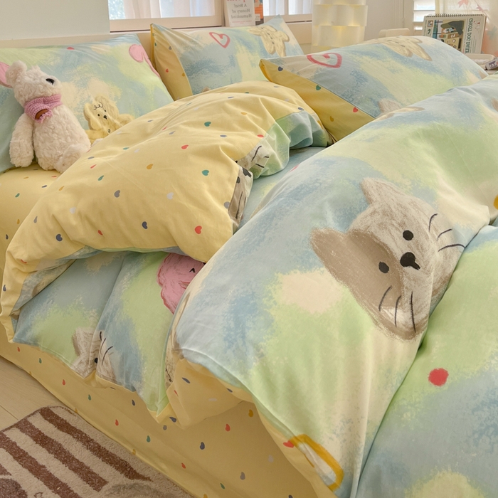 91家纺网 家纺一手货源 找家纺 2025新款全棉卡通小清新系列四件套 油画慕斯猫