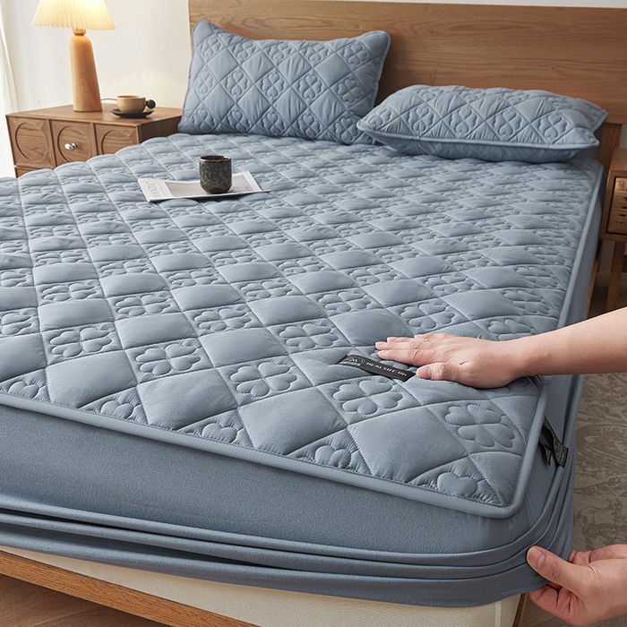 91家纺网 家纺一手货源 找家纺 3C 2025新款A类亲肤夹棉床笠-花叶 花叶 海洋蓝