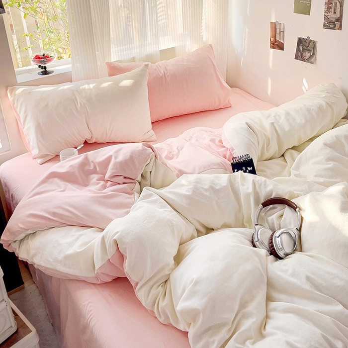 91家纺网 家纺一手货源 找家纺 森璐 2025新款水洗棉双拼四件套宿舍三件套床单被套枕套双拼-奶白粉