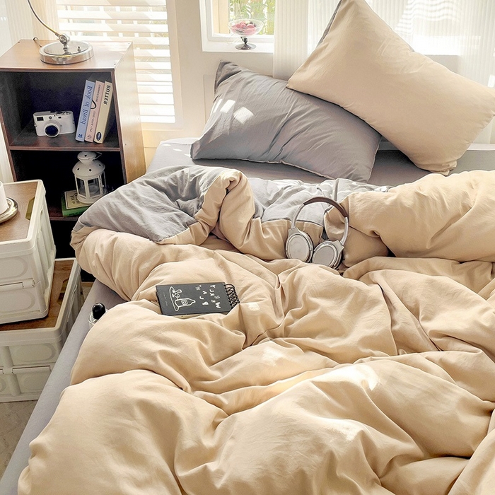 91家纺网 家纺一手货源 找家纺 森璐 2025新款水洗棉双拼四件套宿舍三件套床单被套枕套双拼-驼卡灰