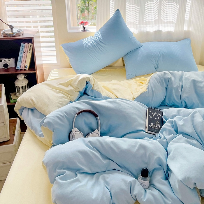 91家纺网 家纺一手货源 找家纺 森璐 2025新款水洗棉双拼四件套宿舍三件套床单被套枕套双拼-天蓝黄
