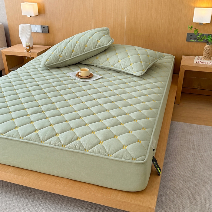 91家纺网 家纺一手货源 找家纺 3C 2024新款H全棉水洗棉床笠 抹茶绿