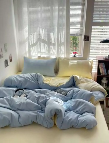 91家纺网 家纺一手货源 找家纺 森璐 2025新款水洗棉双拼四件套宿舍三件套床单被套枕套双拼-天蓝黄