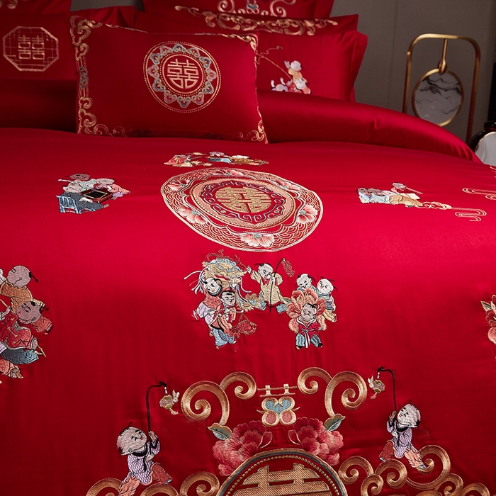 91家纺网 家纺一手货源 找家纺 东方合美（原：皇家传奇） 2023新款40s全工艺喷气刺绣纯棉婚庆多件套-系列三 百子百福