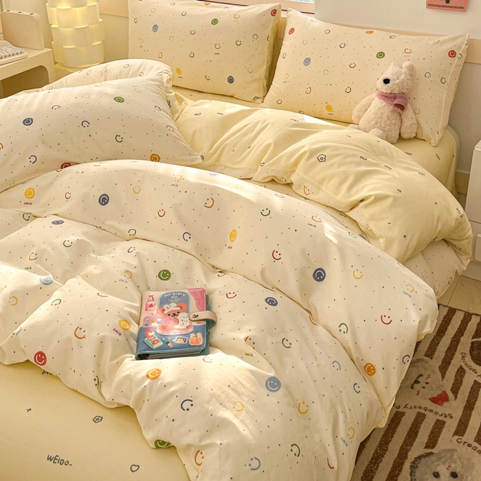 91家纺网 家纺一手货源 找家纺 2025新款全棉卡通小清新系列四件套 多彩笑脸