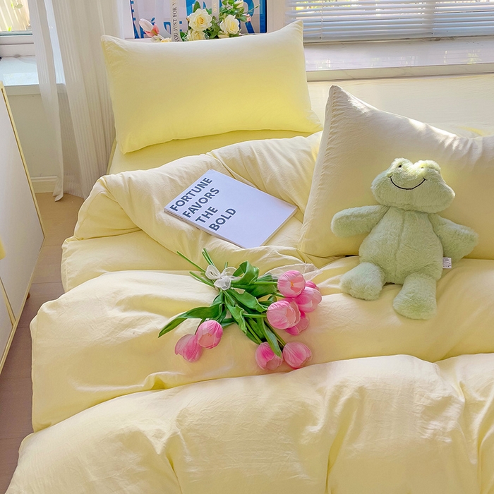91家纺网 家纺一手货源 找家纺 森璐 2025新款水洗棉双拼四件套宿舍三件套床单被套枕套纯色-黄色