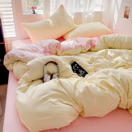 森璐 2025新款水洗棉双拼四件套宿舍三件套床单被套枕套双拼-浅黄粉