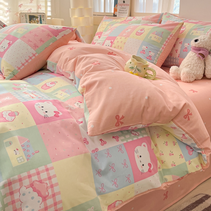 91家纺网 家纺一手货源 找家纺 2025新款全棉卡通小清新系列四件套 可爱喵喵