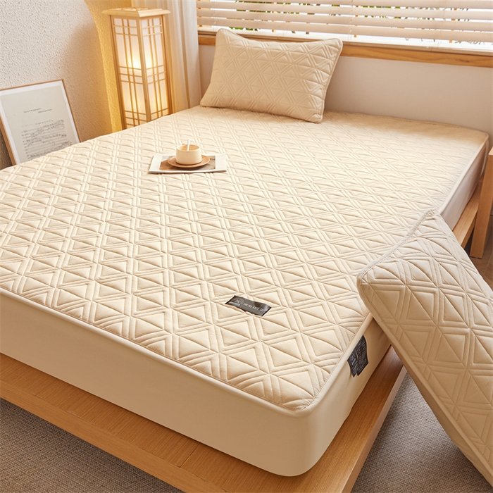 91家纺网 家纺一手货源 找家纺 3C 2025新款A类三角格防水隔脏床笠 三角格-浅卡其