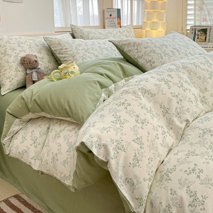 91家纺网 家纺一手货源 找家纺 2025新款全棉卡通小清新系列四件套 春风里（绿）