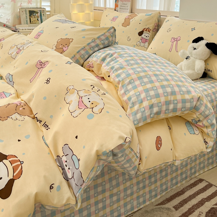 91家纺网 家纺一手货源 找家纺 2025新款全棉卡通小清新系列四件套 好奇狗