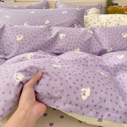 91家纺网 家纺一手货源 找家纺 2025新款全棉卡通小清新系列四件套 紫花猫