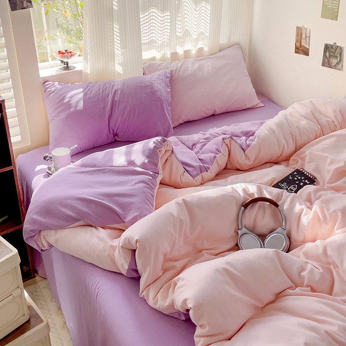 91家纺网 家纺一手货源 找家纺 森璐 2025新款水洗棉双拼四件套宿舍三件套床单被套枕套双拼-粉玉紫