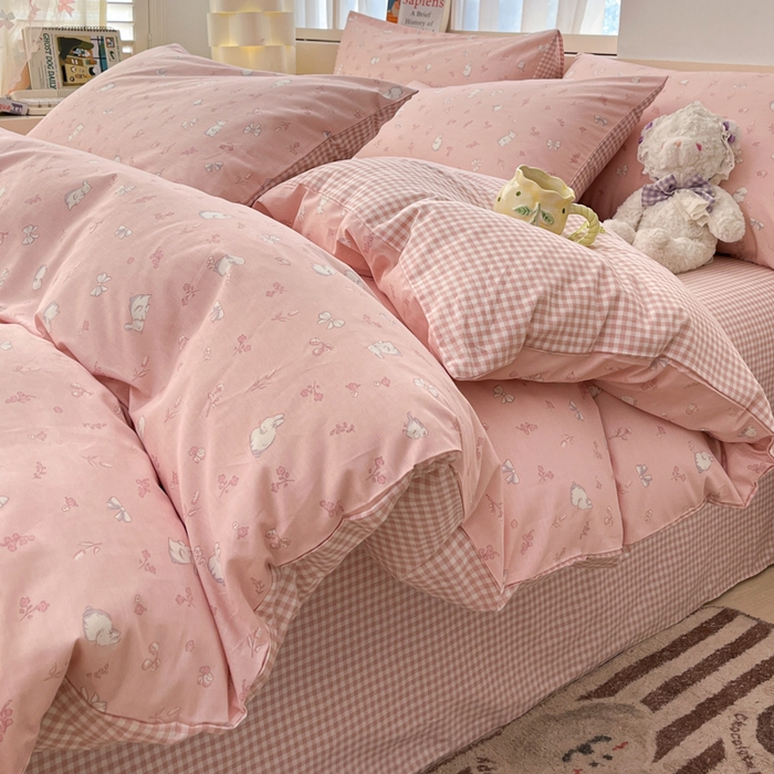 91家纺网 家纺一手货源 找家纺 2025新款全棉卡通小清新系列四件套 玉兔粉