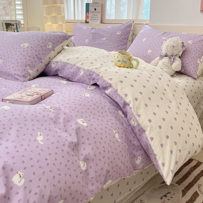 91家纺网 家纺一手货源 找家纺 2025新款全棉卡通小清新系列四件套 紫花猫