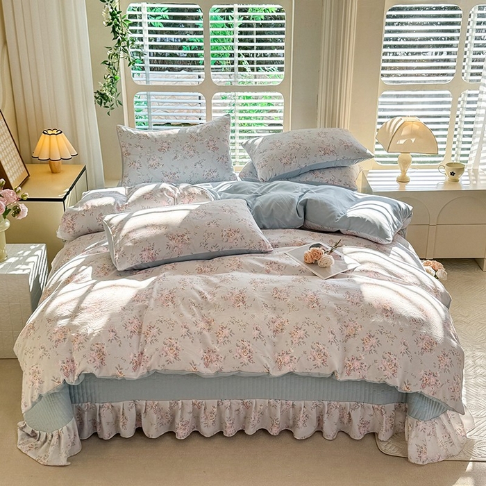 91家纺网 家纺一手货源 找家纺 韩约家纺 2025新款简约款1针织双层纱床盖四件套 淡雅花姿（简约款）