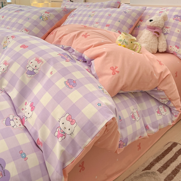 91家纺网 家纺一手货源 找家纺 2025新款全棉卡通小清新系列四件套 糖果猫