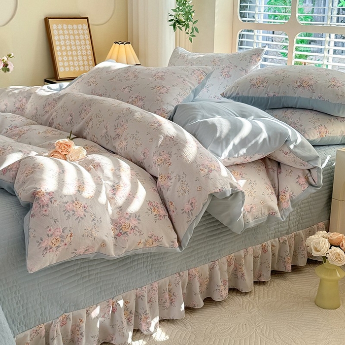 91家纺网 家纺一手货源 找家纺 韩约家纺 2025新款简约款1针织双层纱床盖四件套 淡雅花姿（简约款）