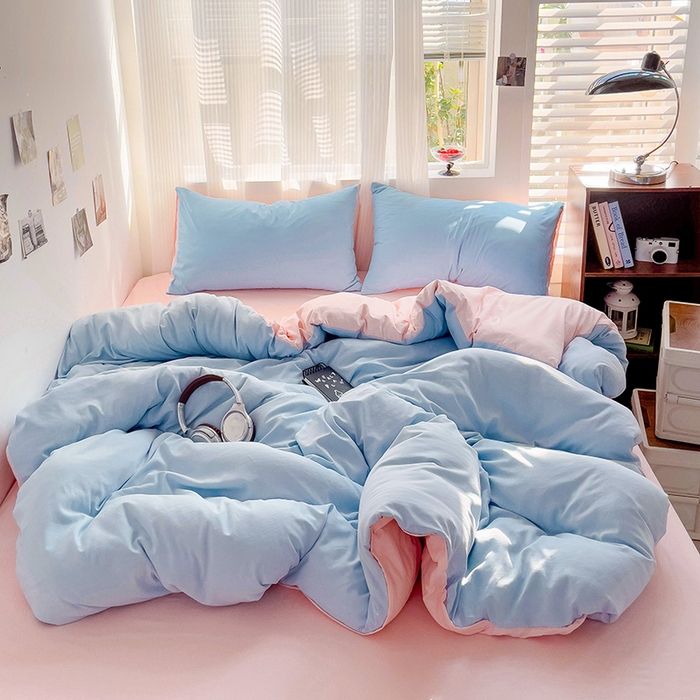 91家纺网 家纺一手货源 找家纺 森璐 2025新款水洗棉双拼四件套宿舍三件套床单被套枕套双拼-天蓝粉