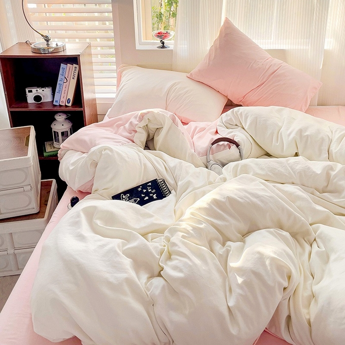 91家纺网 家纺一手货源 找家纺 森璐 2025新款水洗棉双拼四件套宿舍三件套床单被套枕套双拼-奶白粉