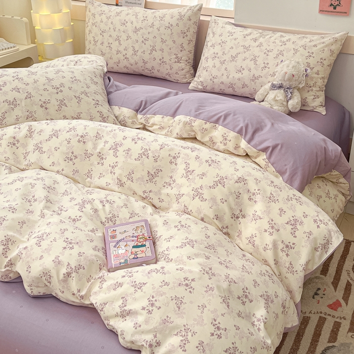 91家纺网 家纺一手货源 找家纺 2025新款全棉卡通小清新系列四件套 春风里（紫）