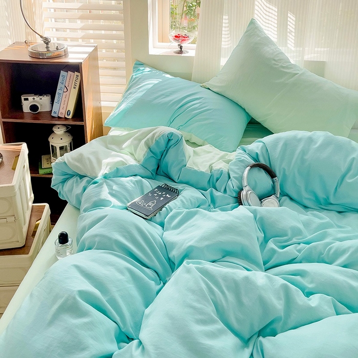 91家纺网 家纺一手货源 找家纺 森璐 2025新款水洗棉双拼四件套宿舍三件套床单被套枕套双拼-湖水绿