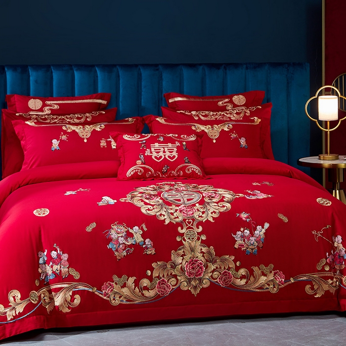 91家纺网 家纺一手货源 找家纺 东方合美（原：皇家传奇） 2023新款40s全工艺喷气刺绣纯棉婚庆多件套-系列三 多子多福