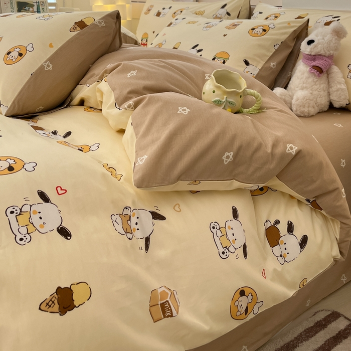 91家纺网 家纺一手货源 找家纺 2025新款全棉卡通小清新系列四件套 汉堡狗