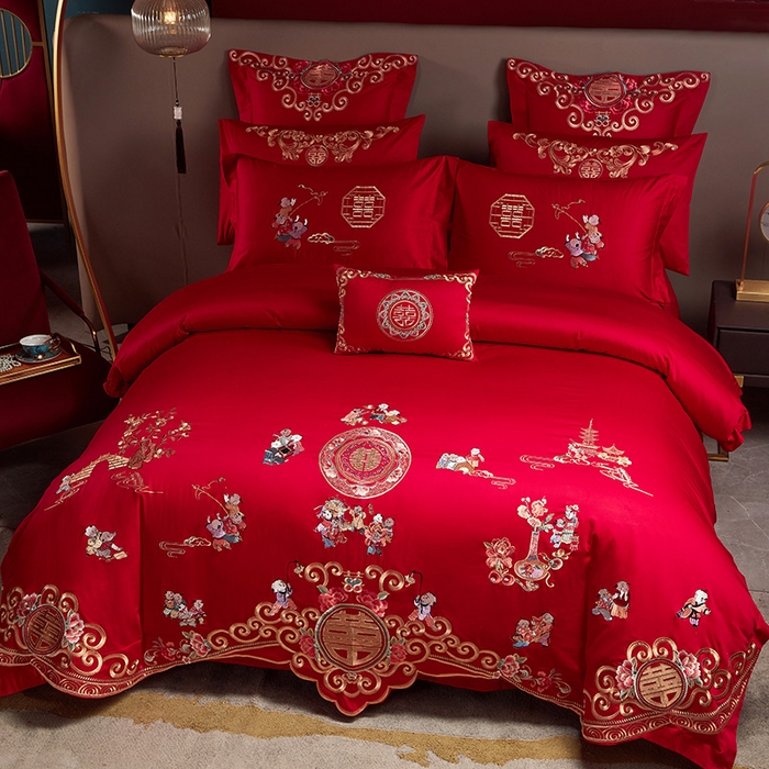 91家纺网 家纺一手货源 找家纺 东方合美（原：皇家传奇） 2023新款40s全工艺喷气刺绣纯棉婚庆多件套-系列三 百子百福