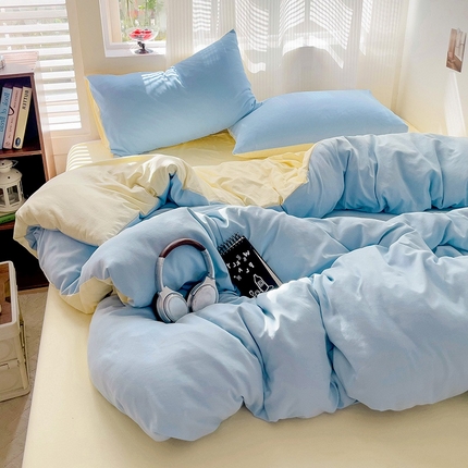森璐 2025新款水洗棉双拼四件套宿舍三件套床单被套枕套双拼-天蓝黄