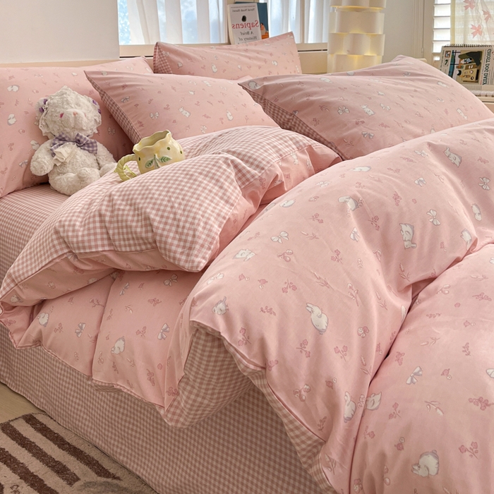 91家纺网 家纺一手货源 找家纺 2025新款全棉卡通小清新系列四件套 玉兔粉