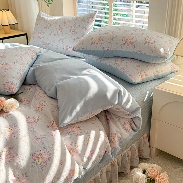 91家纺网 家纺一手货源 找家纺 韩约家纺 2025新款简约款1针织双层纱床盖四件套 淡雅花姿（简约款）