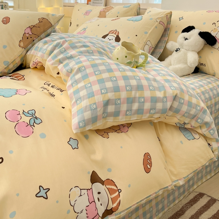 91家纺网 家纺一手货源 找家纺 2025新款全棉卡通小清新系列四件套 好奇狗