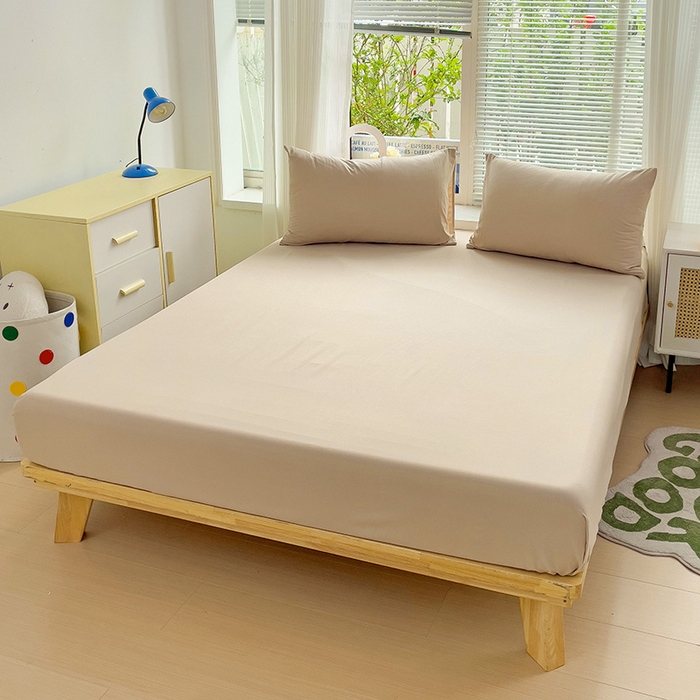 91家纺网 家纺一手货源 找家纺 森璐 2025新款水洗棉双拼四件套宿舍三件套床单被套枕套纯色-浅驼色