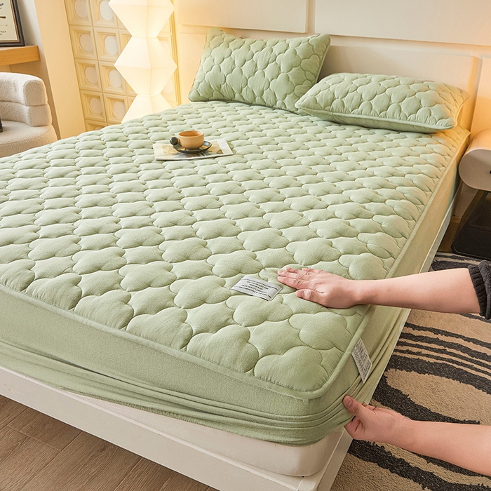 91家纺网 家纺一手货源 找家纺 3C 2025新款全棉水洗棉夹棉床笠-梦屿系列 梦屿 抹茶绿