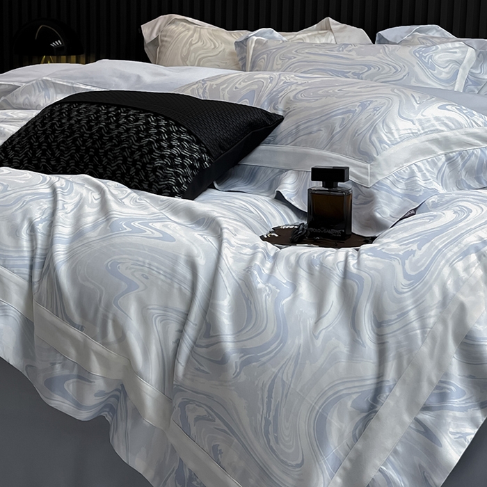 91家纺网 家纺一手货源 找家纺 春夏爆款全棉数码印花四件套纯棉轻奢风长绒棉床单被套时尚床上用品浮影 SM浮影-沁水蓝