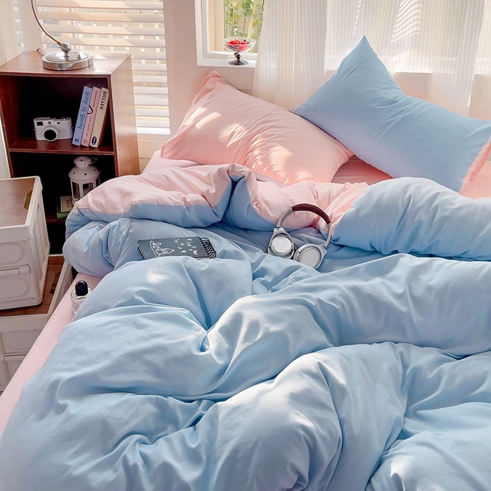 91家纺网 家纺一手货源 找家纺 森璐 2025新款水洗棉双拼四件套宿舍三件套床单被套枕套双拼-天蓝粉