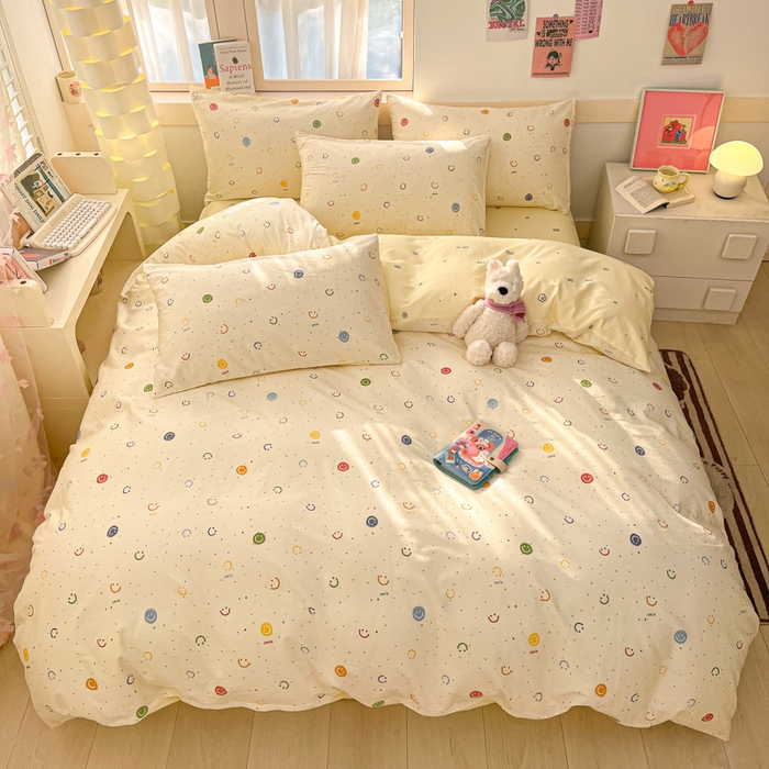 91家纺网 家纺一手货源 找家纺 2025新款全棉卡通小清新系列四件套 多彩笑脸