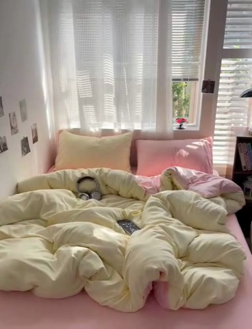 91家纺网 家纺一手货源 找家纺 森璐 2025新款水洗棉双拼四件套宿舍三件套床单被套枕套双拼-浅黄粉