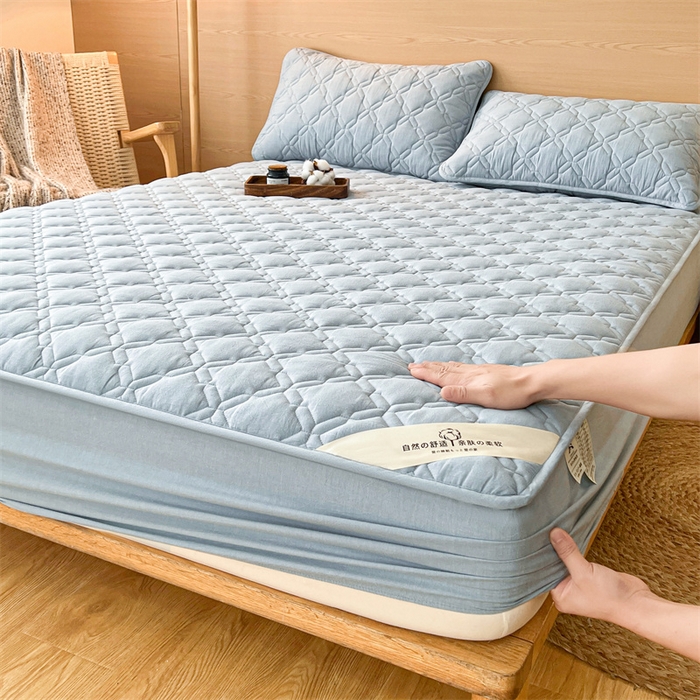 91家纺网 家纺一手货源 找家纺 3C 2024新款A类全棉抗菌防水床笠 全棉防水-浅蓝色