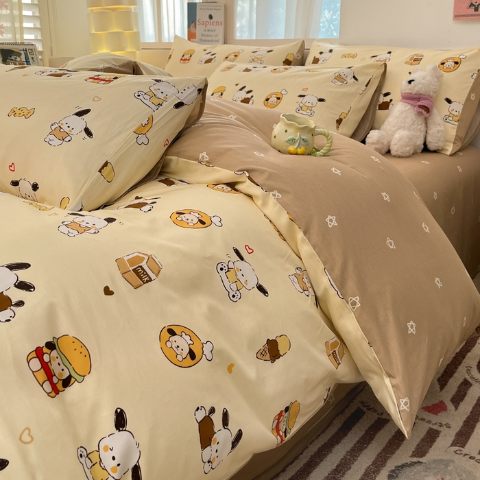 91家纺网 家纺一手货源 找家纺 2025新款全棉卡通小清新系列四件套 汉堡狗